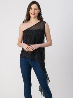 Moomaya - Women Comfortable Fit Georgette Floral Black Top