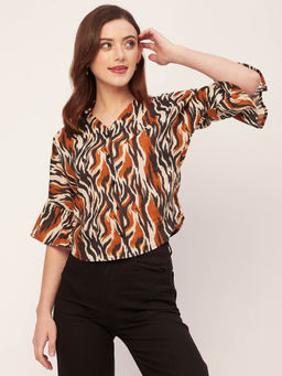 Moomaya - Women Comfortable Fit Cotton Printed Brown Top