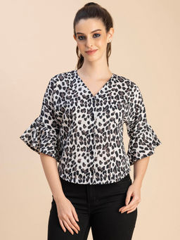 Moomaya - Women Comfortable Fit Cotton Animal Print Grey Top
