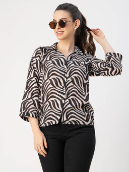 Moomaya - Women Comfortable Fit Georgette Animal Print Off White Shirt