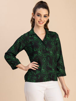 Moomaya - Women Comfortable Fit Georgette Animal Print Black Shirt