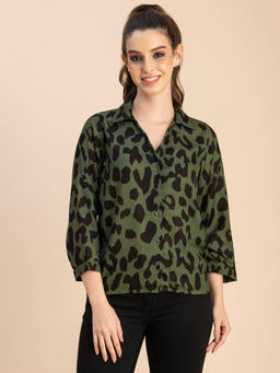 Moomaya - Women Comfortable Fit Georgette Animal Print Olive Shirt