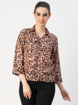 Moomaya - Women Comfortable Fit Georgette Animal Print Orange Shirt