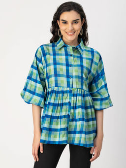 Moomaya - Women Comfortable Fit Cotton Checks Blue Top