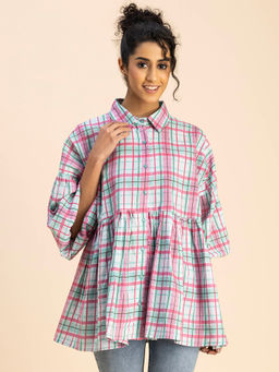Moomaya - Women Comfortable Fit Cotton Checks Pink Top