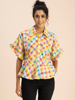 Moomaya - Women Comfortable Fit Cotton Checks Multi-Color Top