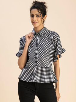 Moomaya - Women Comfortable Fit Cotton Checks Black Top