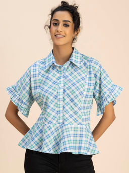 Moomaya - Women Comfortable Fit Cotton Checks Blue Top