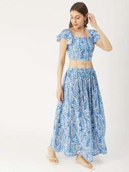 Moomaya - Women A-Line Rayon Floral Blue Co-Ord (Set of 2)