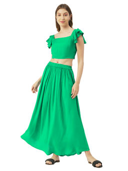 Moomaya - Women A-Line Rayon Solid Green Co-Ord (Set of 2)