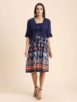 Moomaya - Women Semi-Fit Rayon Floral Navy Blue Knee Length Dress with Jacket (Set of 2)