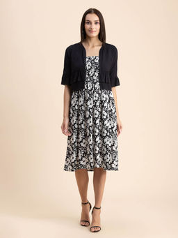 Moomaya - Women Semi-Fit Rayon Floral Black Knee Length Dress with Jacket (Set of 2)