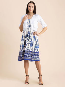 Moomaya - Women Semi-Fit Rayon Floral White Knee Length Dress with Jacket (Set of 2)