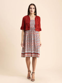 Moomaya - Women Semi-Fit Rayon Floral Off White Knee Length Dress with Jacket (Set of 2)