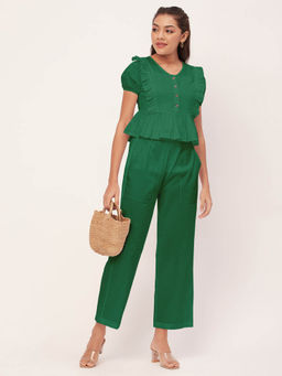 Moomaya - Women Peplum Fit Cotton Solid Green Co-Ord (Set of 2)
