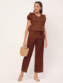 Moomaya - Women Peplum Fit Cotton Solid Brown Co-Ord (Set of 2)