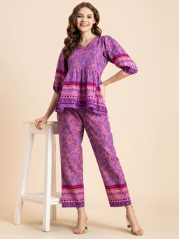 Moomaya - Women Peplum Fit Cotton Floral Purple Co-Ord (Set of 2)