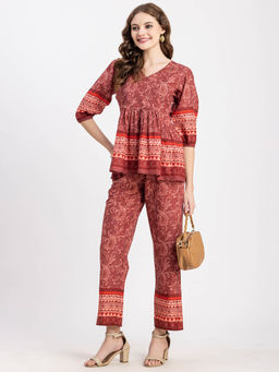 Moomaya - Women Peplum Fit Cotton Floral Red Co-Ord (Set of 2)