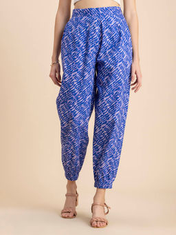 Moomaya - Women Jogger Fit Poplin Printed Blue Pant