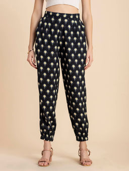 Moomaya - Women Jogger Fit Poplin Printed Black Pant