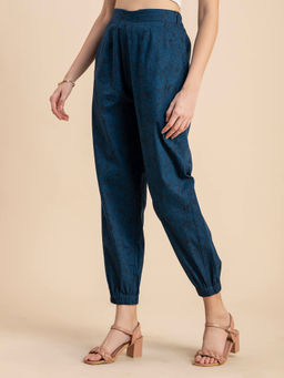 Moomaya - Women Jogger Fit Poplin Floral Teal Pant