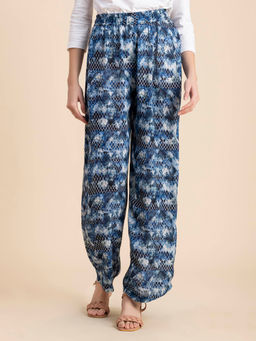 Moomaya - Women Comfortable Fit Rayon Animal Print Blue Pant