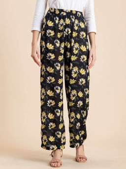 Moomaya - Women Comfortable Fit Rayon Floral Black Pant