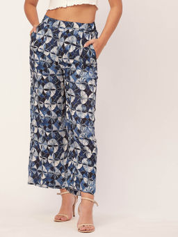Moomaya - Women Boxy Fit Rayon Floral Blue Pant