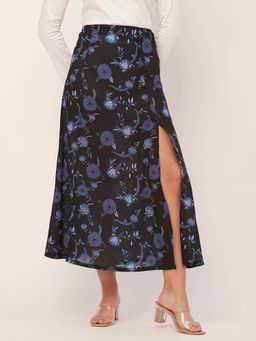 Moomaya - Women A-Line Georgette Floral Navy Blue Midi Skirt