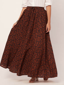 Moomaya - Women A-Line Rayon Floral Black Maxi Skirt