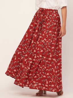 Moomaya - Women A-Line Rayon Floral Red Maxi Skirt
