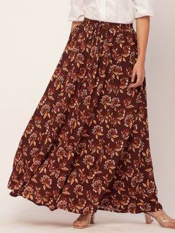 Moomaya - Women A-Line Rayon Floral Brown Maxi Skirt