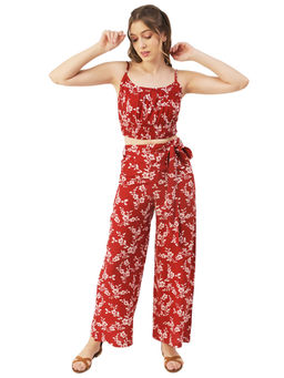 Moomaya - Women Semi-Fit Rayon Floral Red Crop Co-Ord (Set of 3)