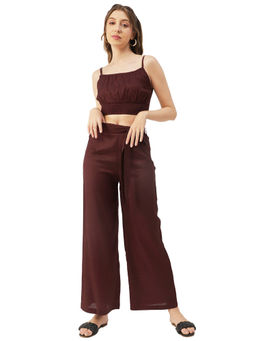 Moomaya - Women Semi-Fit Rayon Solid Maroon Crop Co-Ord (Set of 3)
