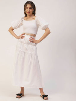 Moomaya - Women A-Line Poplin Solid White Co-Ord (Set of 2)