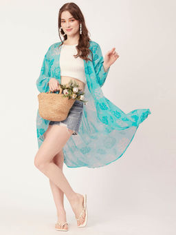Moomaya - Women Free Fit Georgette Floral Blue Shrug