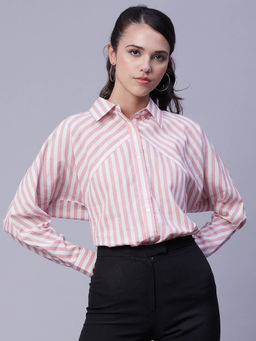Moomaya - Women Comfortable Fit Cotton Stripes Pink Shirt