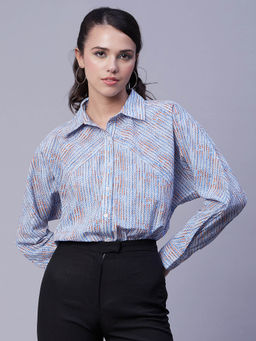 Moomaya - Women Comfortable Fit Cotton Printed Blue Shirt