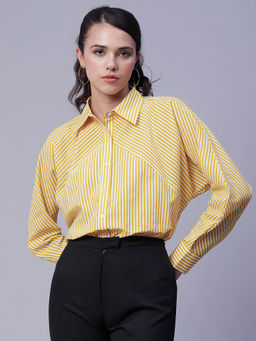 Moomaya - Women Comfortable Fit Cotton Stripes Yellow Shirt