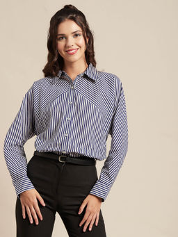Moomaya - Women Comfortable Fit Cotton Stripes Navy Blue Shirt