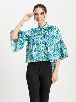 Moomaya - Women Asymmetrical Fit Polyester Printed Green Peplum Shirt