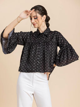Moomaya - Women Peplum Fit Polyester Floral Black Peplum Shirt
