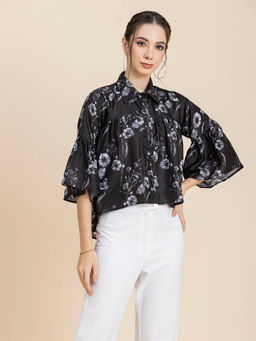 Moomaya - Women Peplum Fit Polyester Floral Black Peplum Shirt