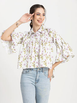 Moomaya - Women Peplum Fit Polyester Floral White Peplum Shirt