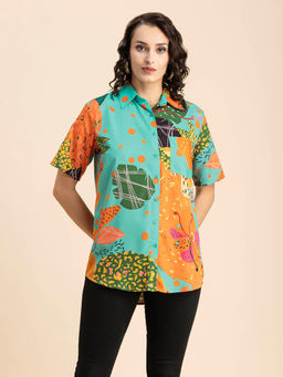 Moomaya - Women Comfortable Fit Polyester Printed Green Shirt