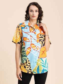 Moomaya - Women Comfortable Fit Polyester Printed Orange Shirt