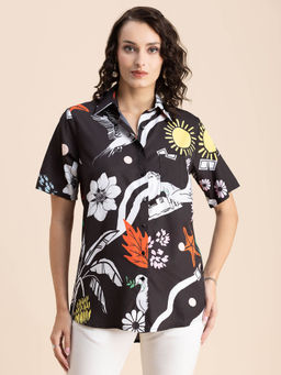 Moomaya - Women Comfortable Fit Polyester Printed Black Shirt