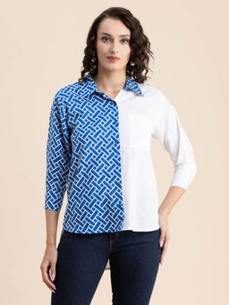 Moomaya - Women Comfortable Fit Cotton Geometric Blue Shirt