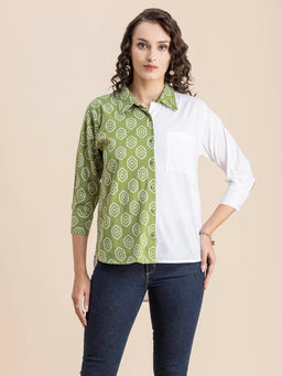 Moomaya - Women Comfortable Fit Cotton Printed Green Shirt