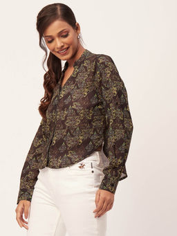 Moomaya - Women Comfortable Fit Georgette Printed Brown Shirt